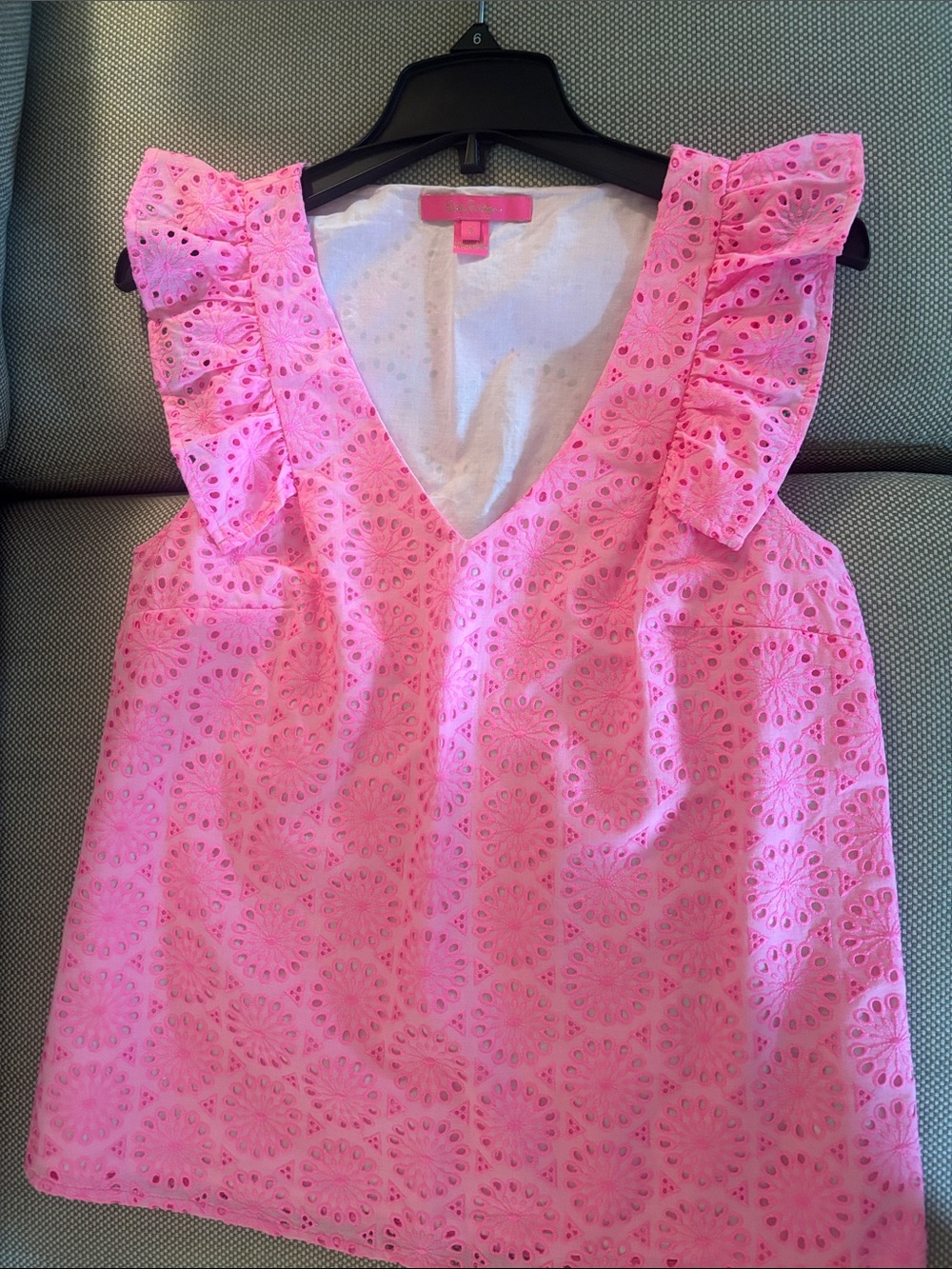Lilly Pulitzer Pink Eyelet V-Neck Ruffle Sleeve Top